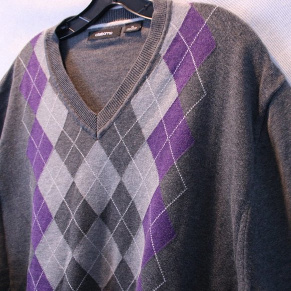 Claiborne Other - Claiborne Men's Argyle Gray V Neck Cotton Sweater SZ XL EUC